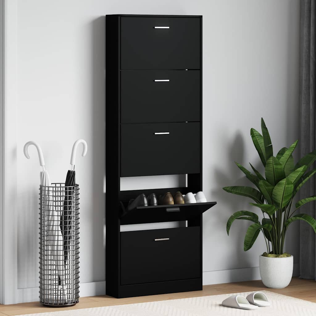 vidaXL Shoe Cabinet Black 59x17x169 cm Engineered Wood 1
