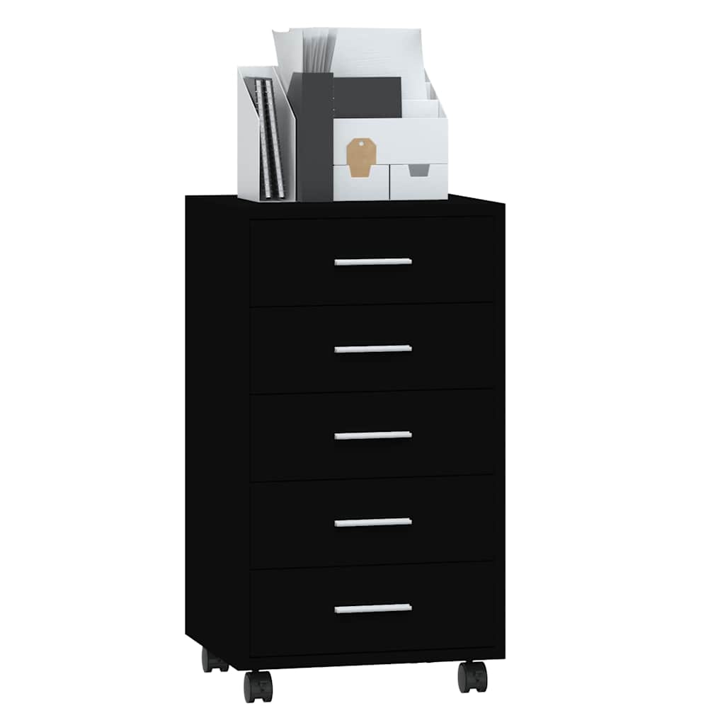 Drawer Cabinet with Castors Black Engineered Wood, image 4