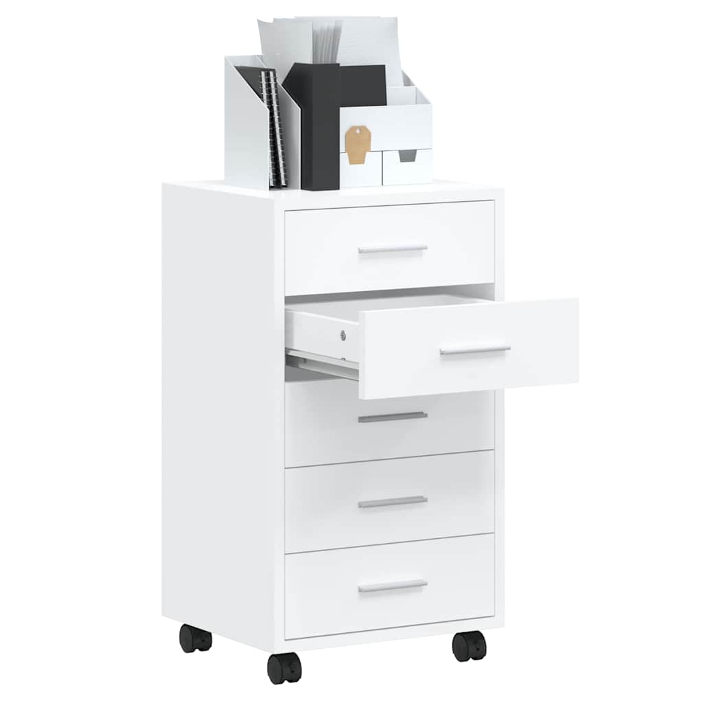 Drawer Cabinet with Castors High Gloss White Engineered Wood, image 4