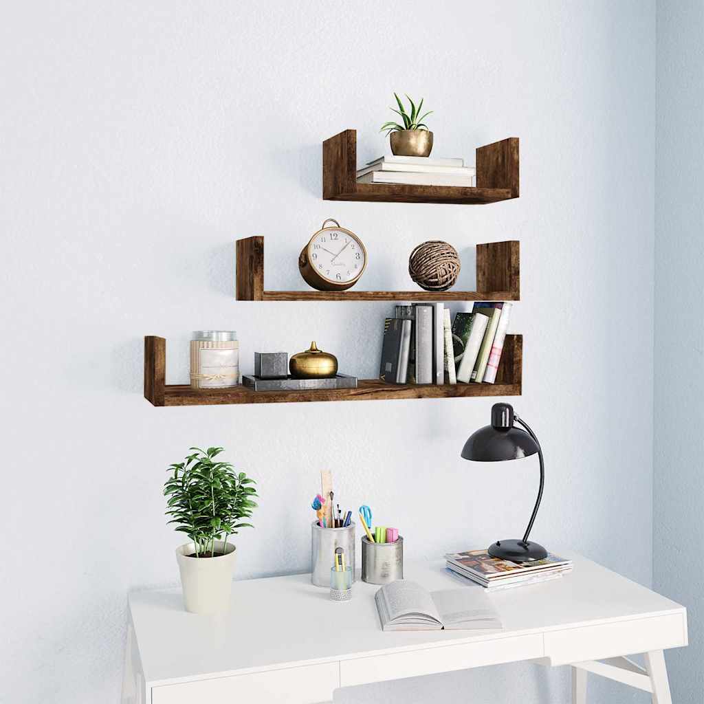 vidaXL Wall Display Shelves 3 pcs Smoked Oak Engineered Wood 1