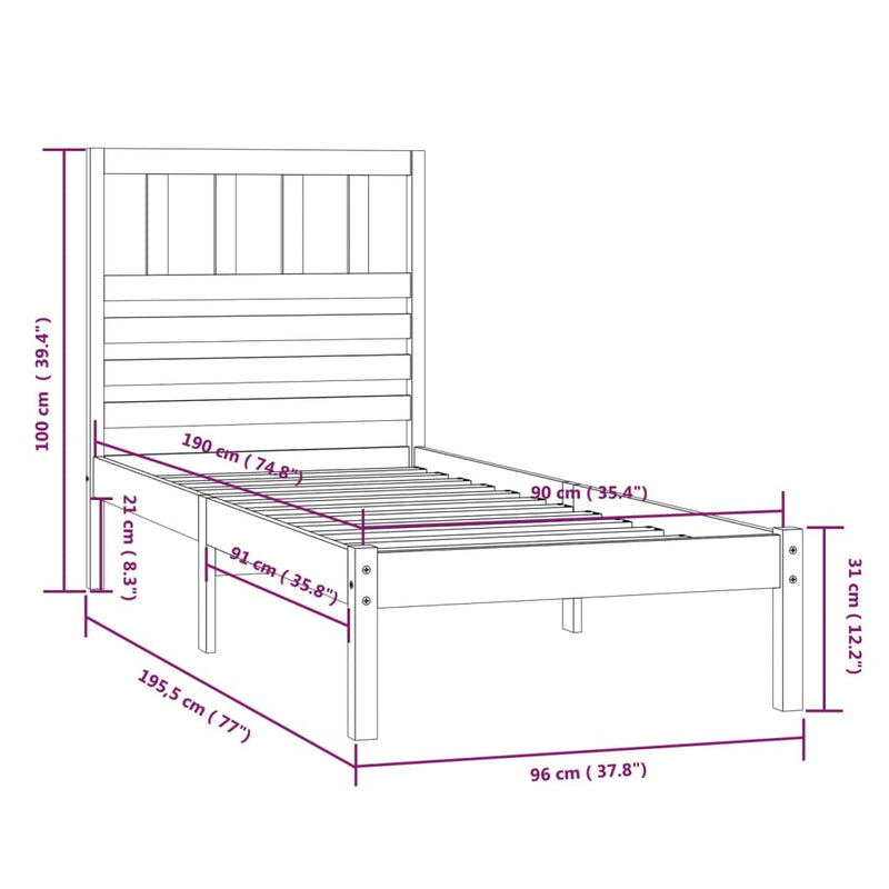 Bed Frame White 90x190 cm Single Solid Wood Pine