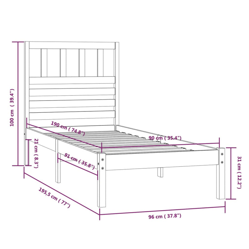 Bed Frame Black 90x190 cm Single Solid Wood Pine