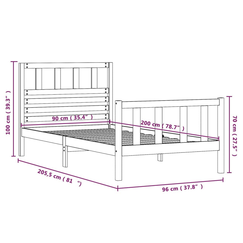 Bed Frame White Solid Wood 90x200 cm