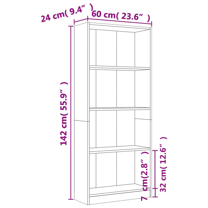 4-Tier Book Cabinet Grey Sonoma 60x24x142 cm Engineered Wood