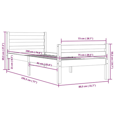 Bed Frame White Solid Wood 75x190 cm Small Single