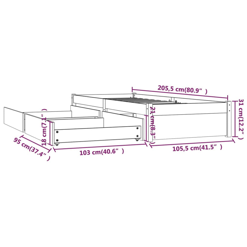 Bed Frame with Drawers 100x200 cm