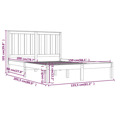 Bed Frame Black Solid Wood Pine 150x200 cm King Size