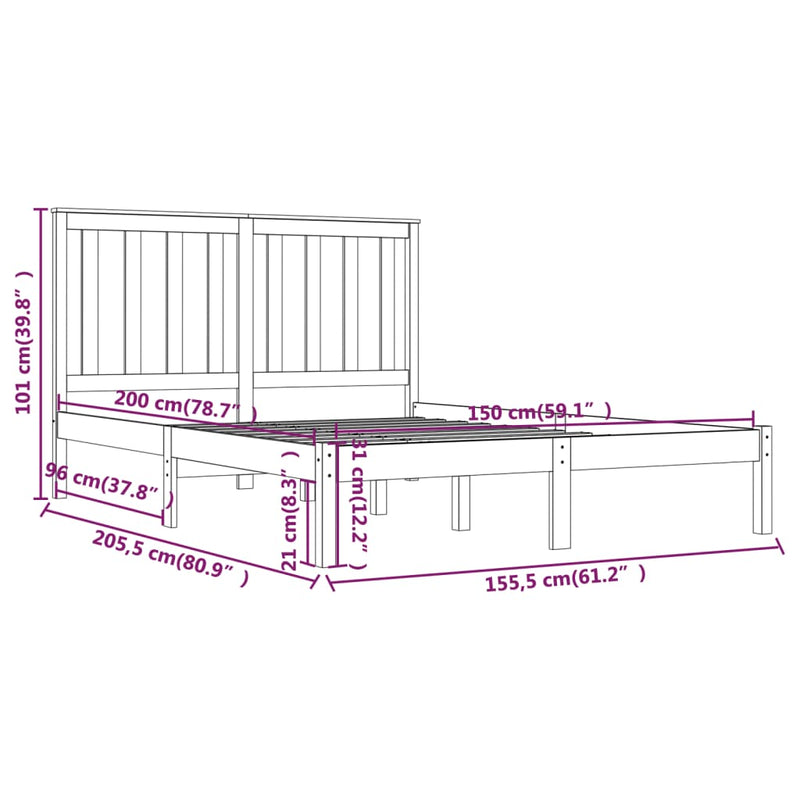 Bed Frame Black Solid Wood Pine 150x200 cm King Size