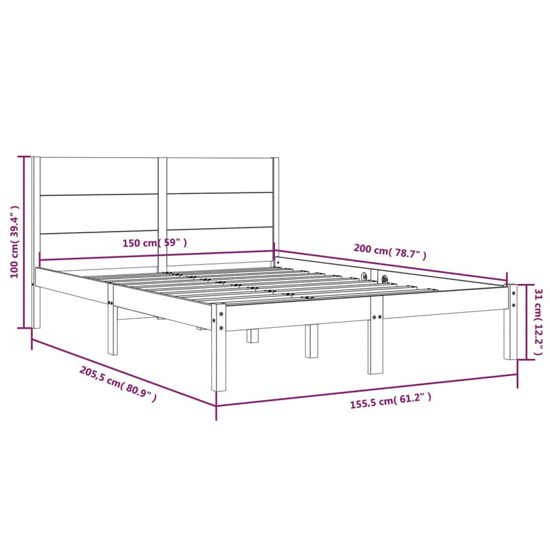 Bed Frame Grey Solid Wood 150x200 cm King Size