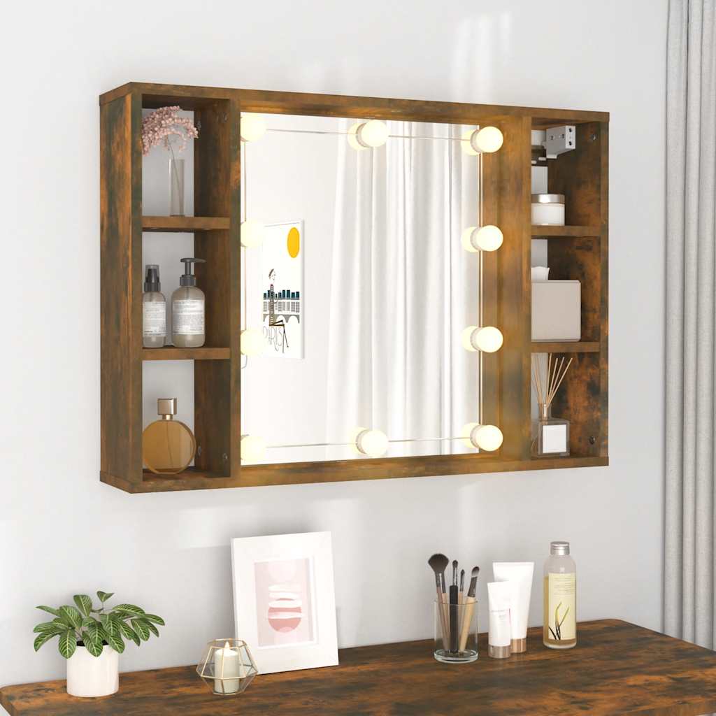 vidaXL Mirror Cabinet with LED Smoked Oak 76x15x55 cm 4