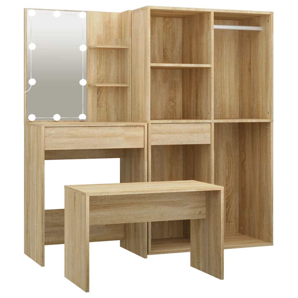 vidaXL Dressing Table Set with LED Sonoma Oak Engineered Wood 2