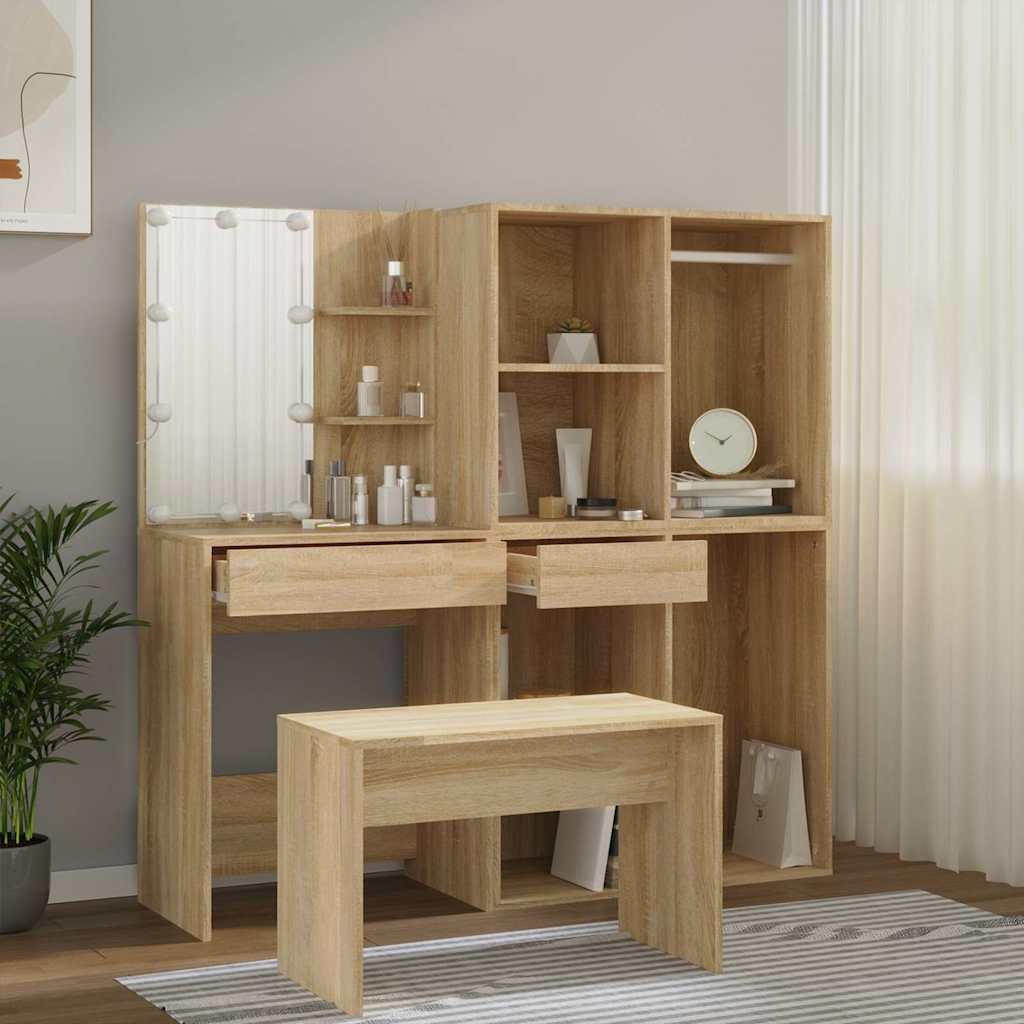 vidaXL Dressing Table Set with LED Sonoma Oak Engineered Wood 3