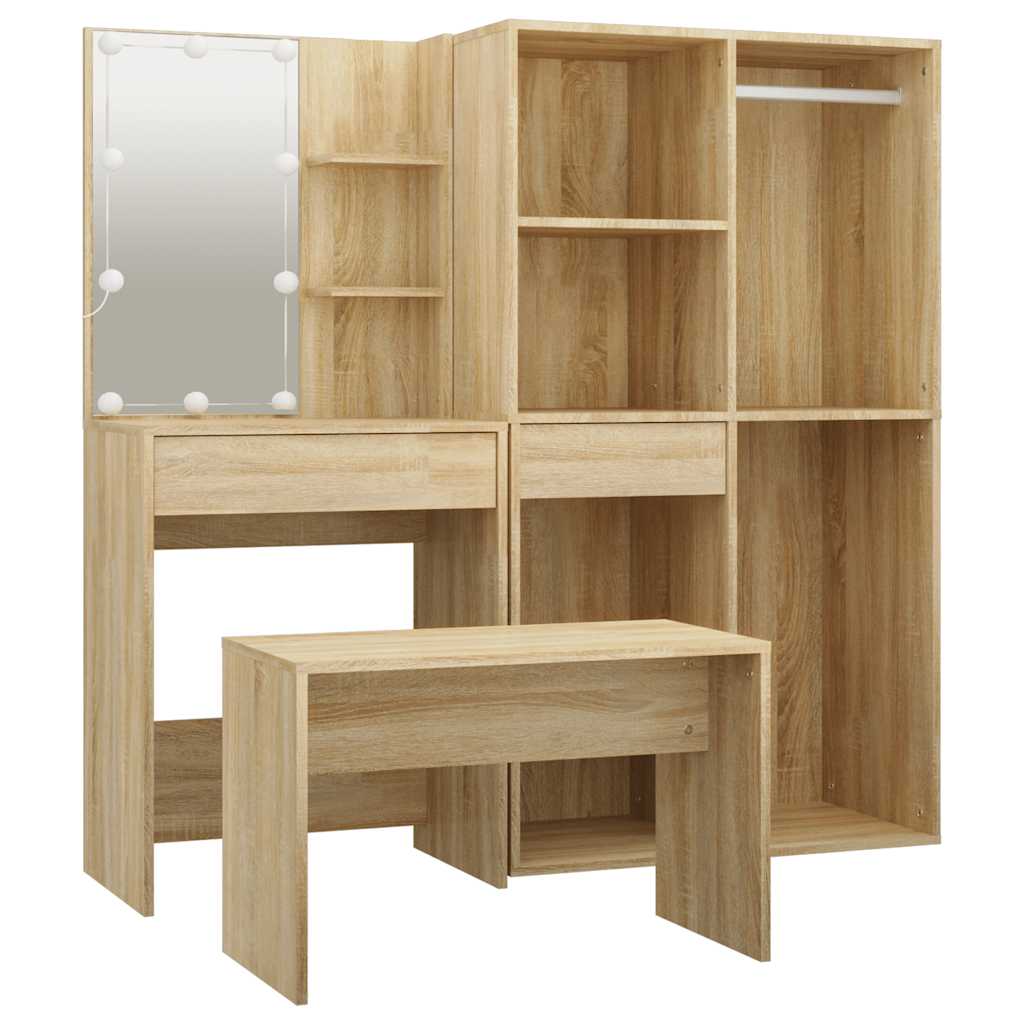 vidaXL Dressing Table Set with LED Sonoma Oak Engineered Wood 6