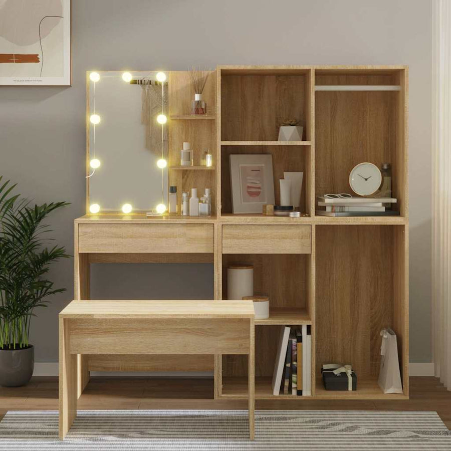 vidaXL Dressing Table Set with LED Sonoma Oak Engineered Wood 1