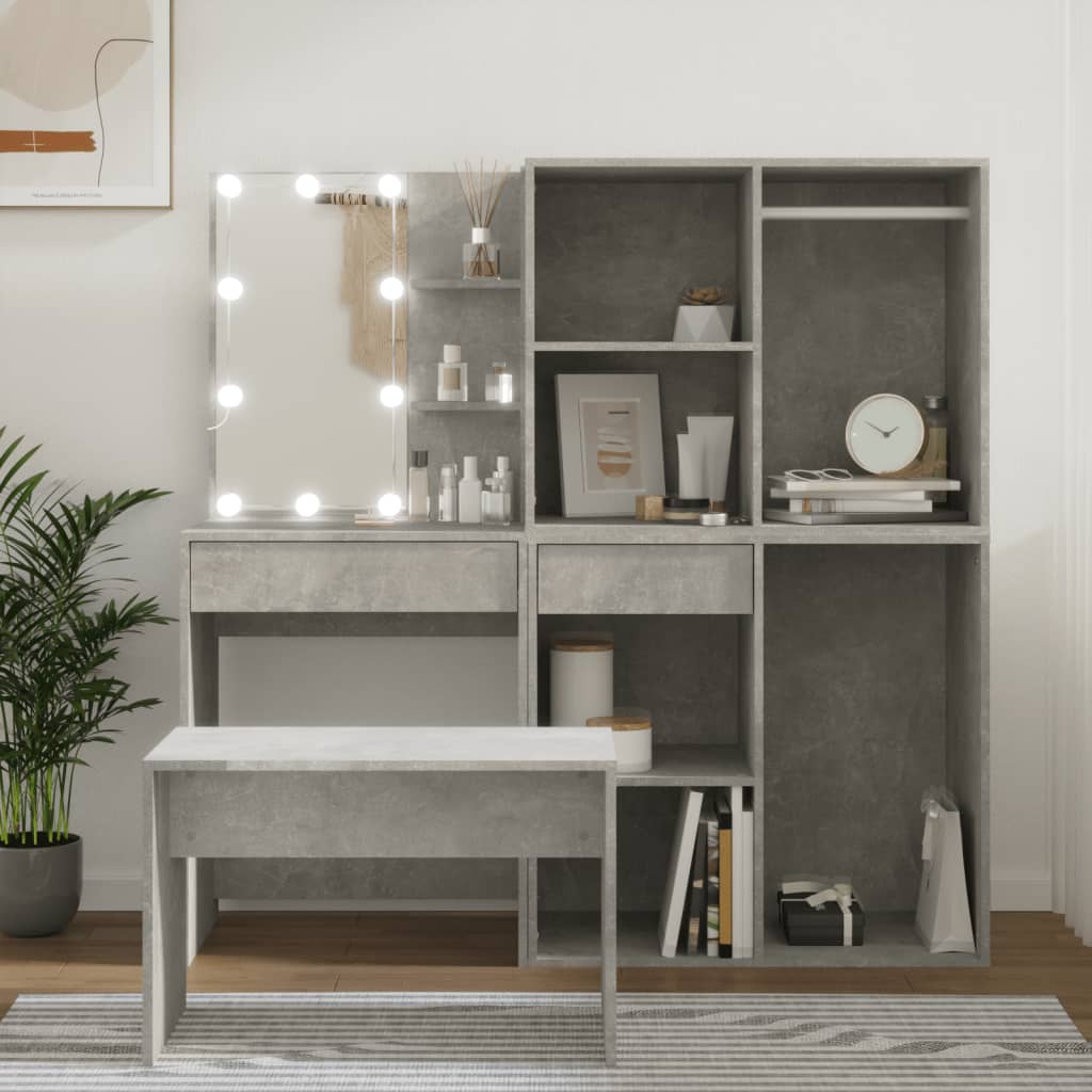 vidaXL Dressing Table Set with LED Concrete Grey Engineered Wood 3