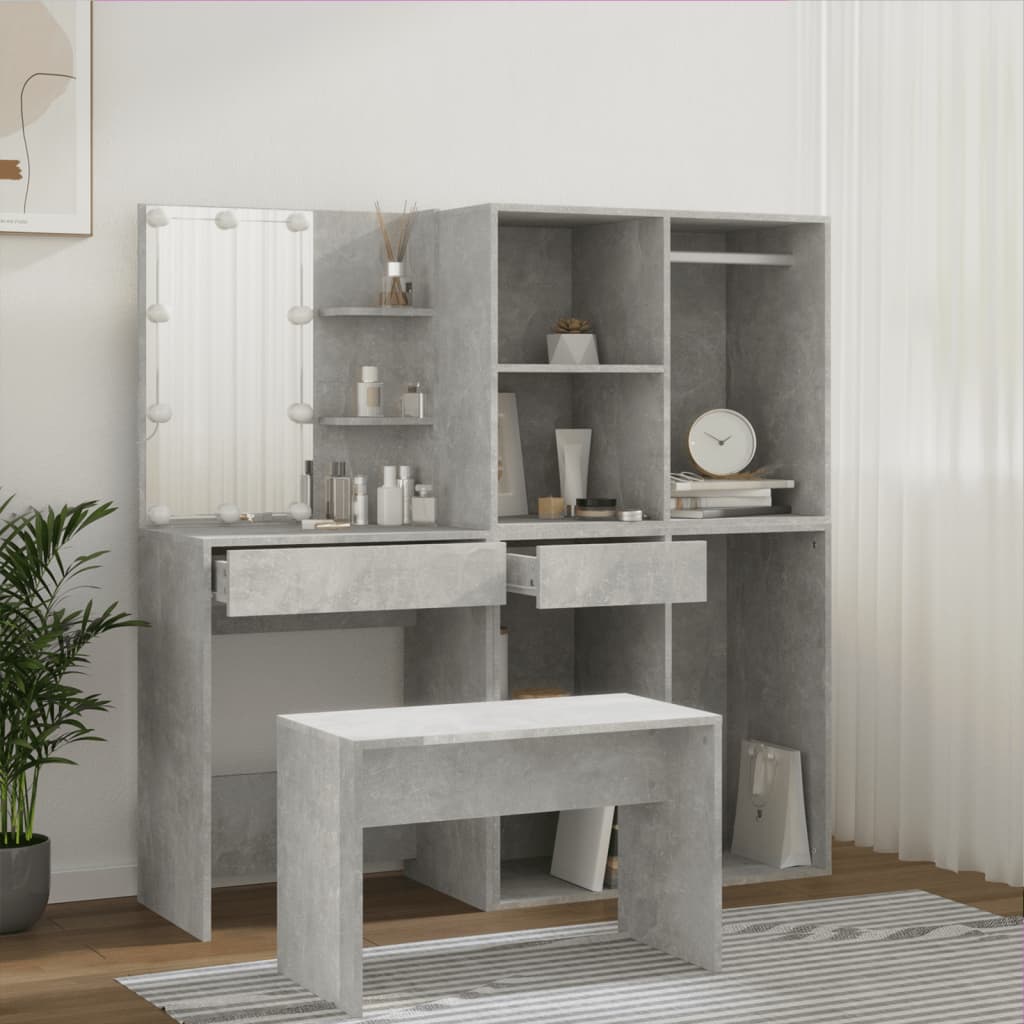 vidaXL Dressing Table Set with LED Concrete Grey Engineered Wood 4