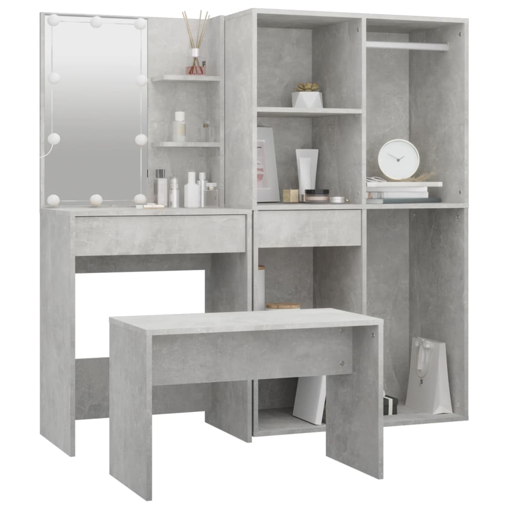 vidaXL Dressing Table Set with LED Concrete Grey Engineered Wood 5