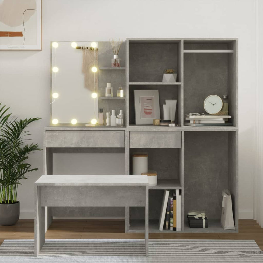 vidaXL Dressing Table Set with LED Concrete Grey Engineered Wood 1