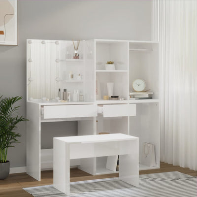 Dressing Table Set with LED High Gloss White Engineered Wood