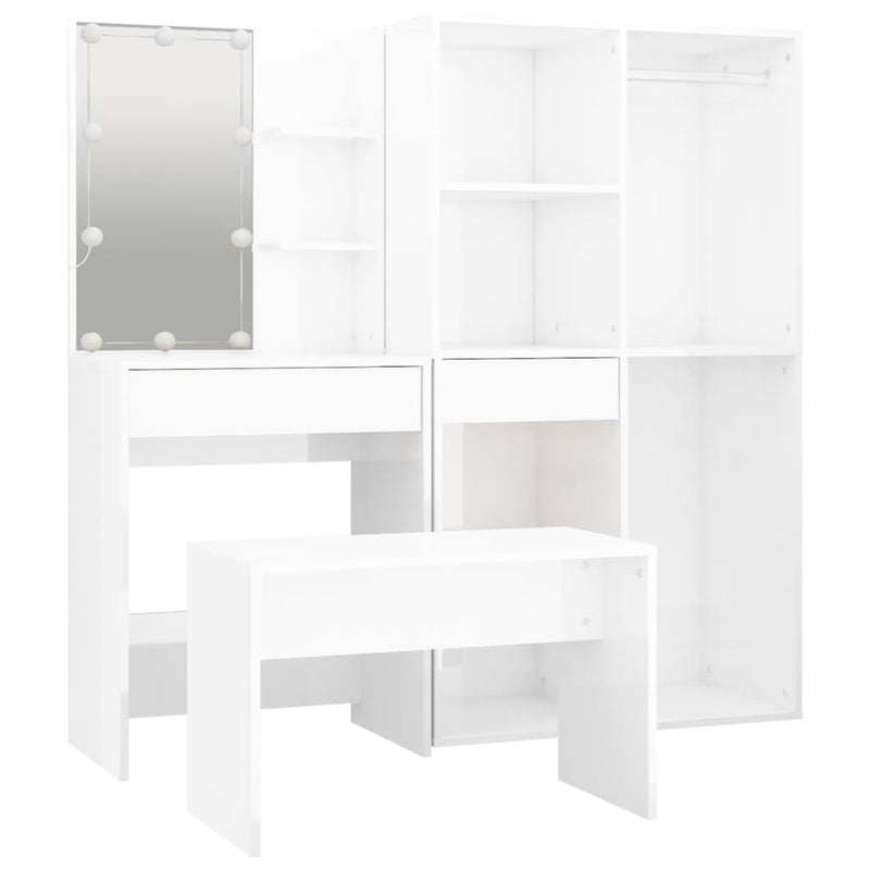 Dressing Table Set with LED High Gloss White Engineered Wood