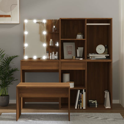 Dressing Table Set with LED Brown Oak Engineered Wood