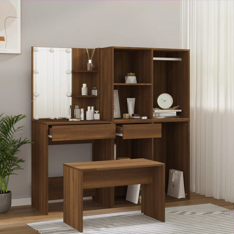 Dressing Table Set with LED Brown Oak Engineered Wood