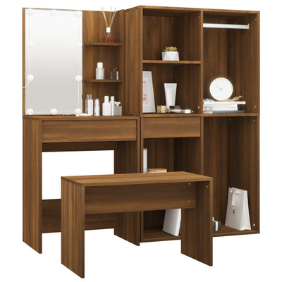 Dressing Table Set with LED Brown Oak Engineered Wood