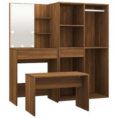 Dressing Table Set with LED Brown Oak Engineered Wood