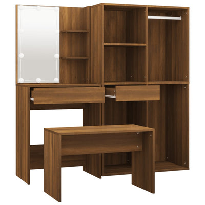 Dressing Table Set with LED Brown Oak Engineered Wood