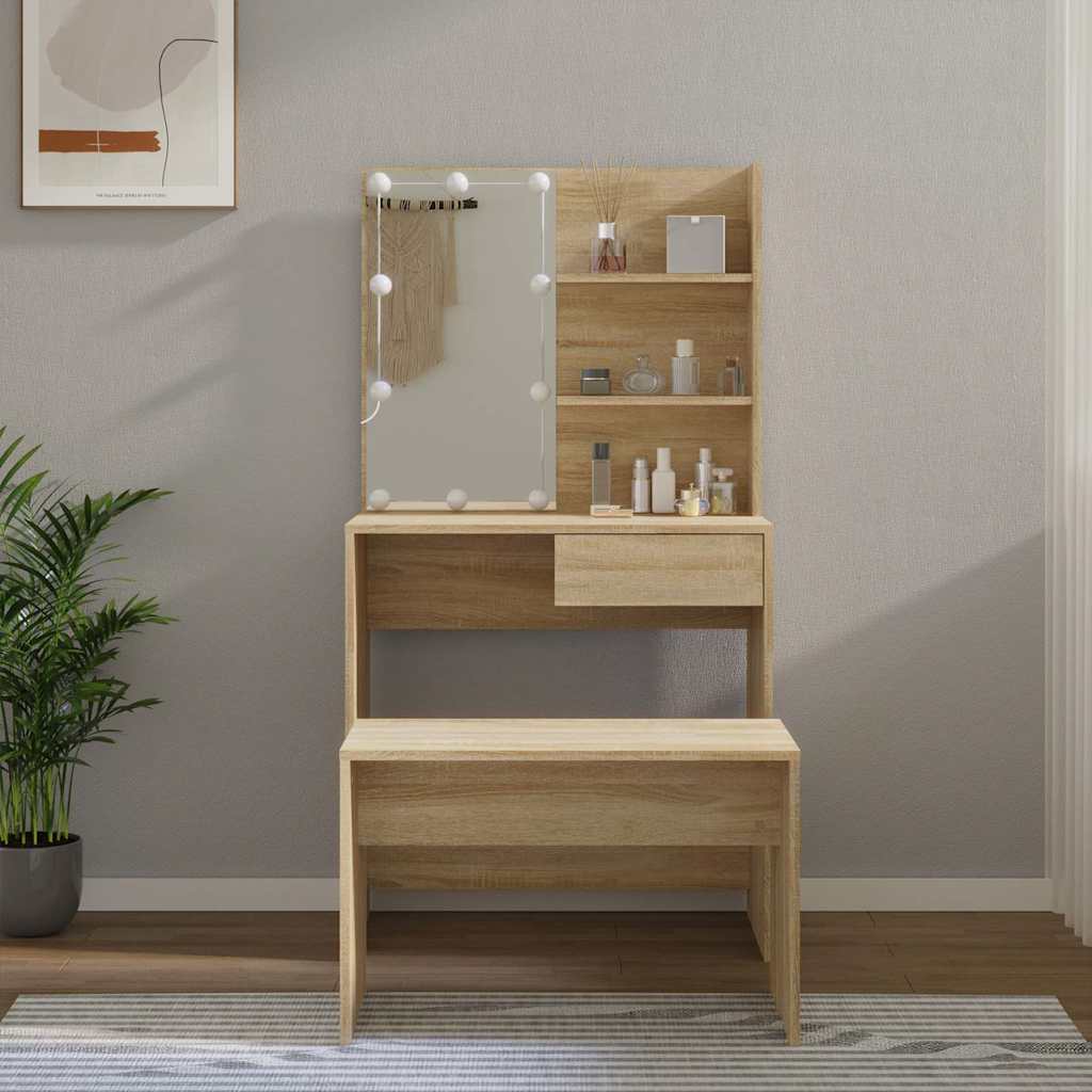 Dressing Table Set with LED Engineered Wood Depth 40 cm Width 74.5 cm Sonoma oak