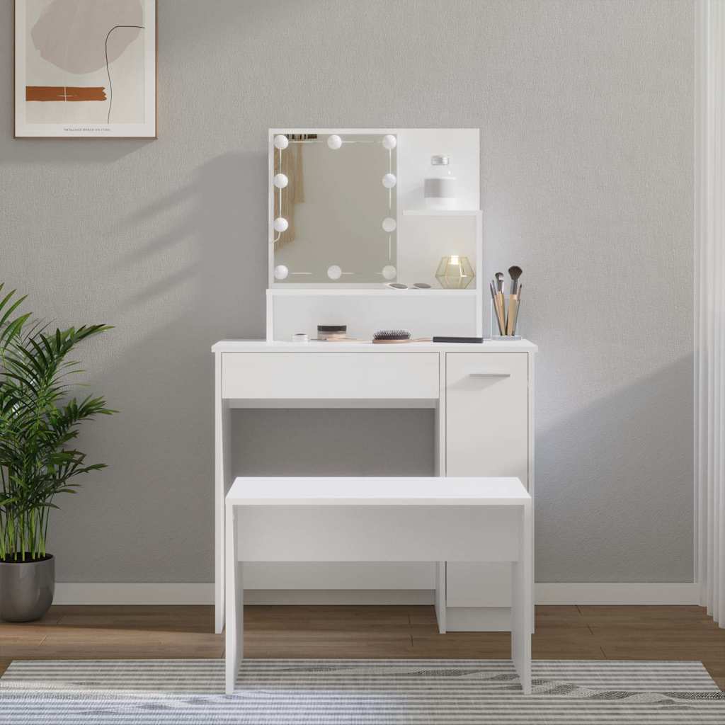 Dressing Table Set with LED Engineered Wood Depth 35 cm White