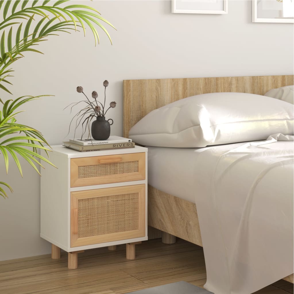 vidaXL Bedside Cabinets 2 pcs White Solid Wood Pine and Natural Rattan 3