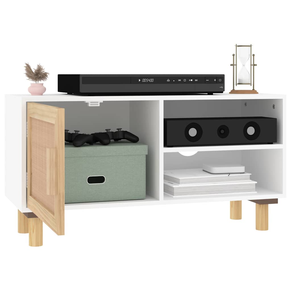 vidaXL TV Cabinet White 80x30x40 cm Solid Wood Pine and Natural Rattan 3