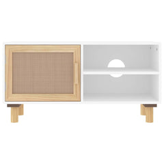 vidaXL TV Cabinet White 80x30x40 cm Solid Wood Pine and Natural Rattan 4