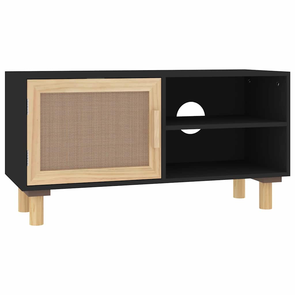 vidaXL TV Cabinet | Black | Engineered wood, Solid pinewood, Natural rattan 2