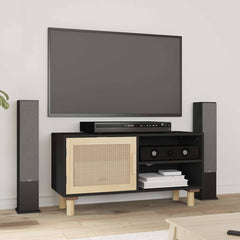 vidaXL TV Cabinet | Black | Engineered wood, Solid pinewood, Natural rattan 1