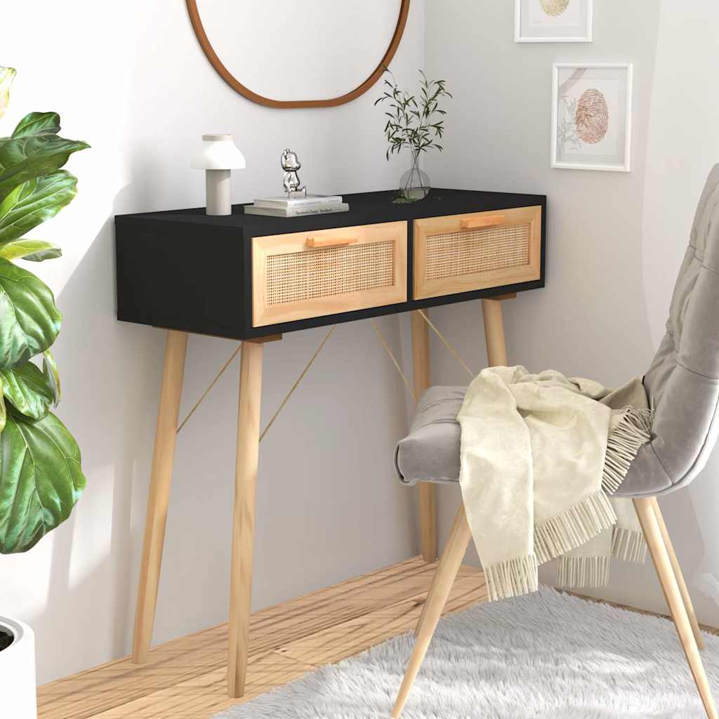 Console Table 80x30x75 cm Solid Wood Pine&Natural Rattan Black