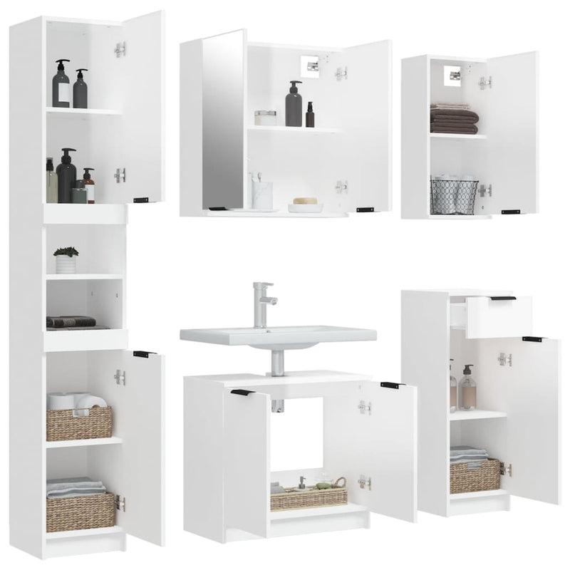 5 Piece Bathroom Cabinet Set High Gloss White Engineered Wood