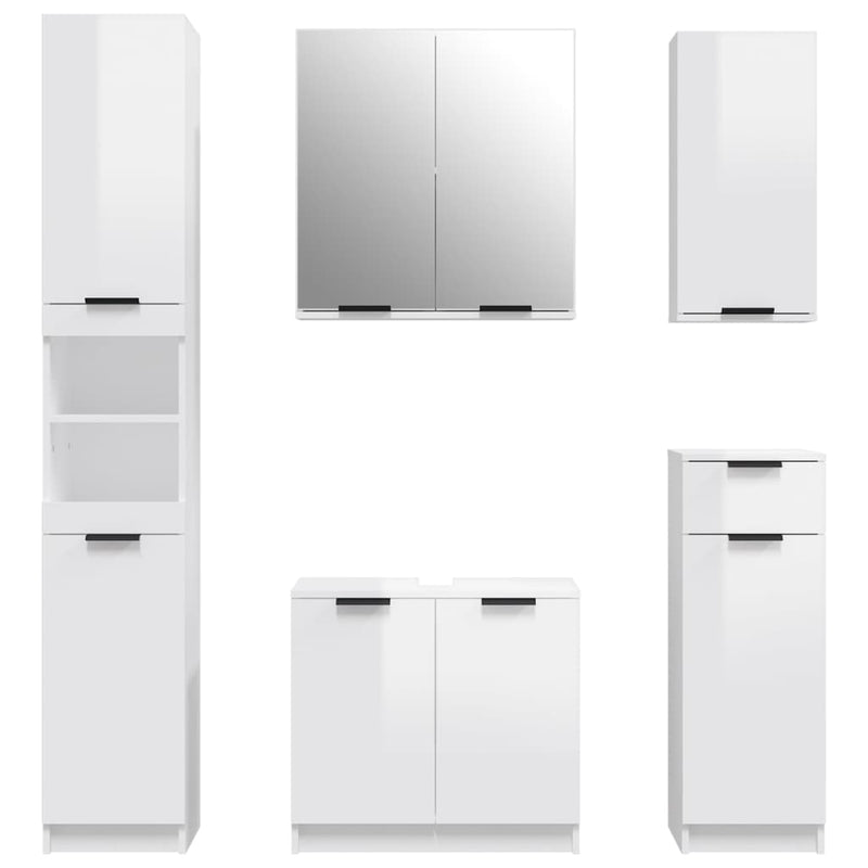 5 Piece Bathroom Cabinet Set High Gloss White Engineered Wood