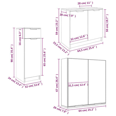 3 Piece Bathroom Cabinet Set High Gloss White Engineered Wood