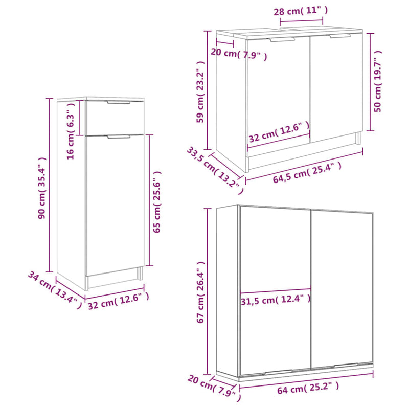 3 Piece Bathroom Cabinet Set High Gloss White Engineered Wood