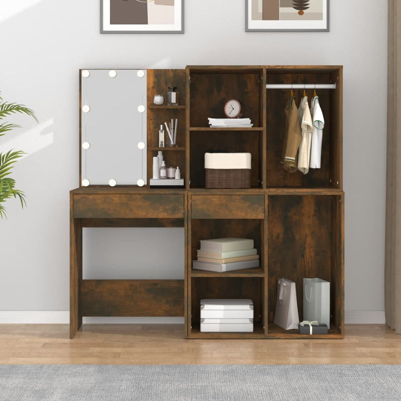 LED Dressing Table with Cabinets Smoked Oak Engineered Wood