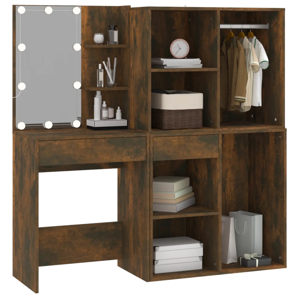 vidaXL LED Dressing Table with Cabinets Smoked Oak Engineered Wood 5