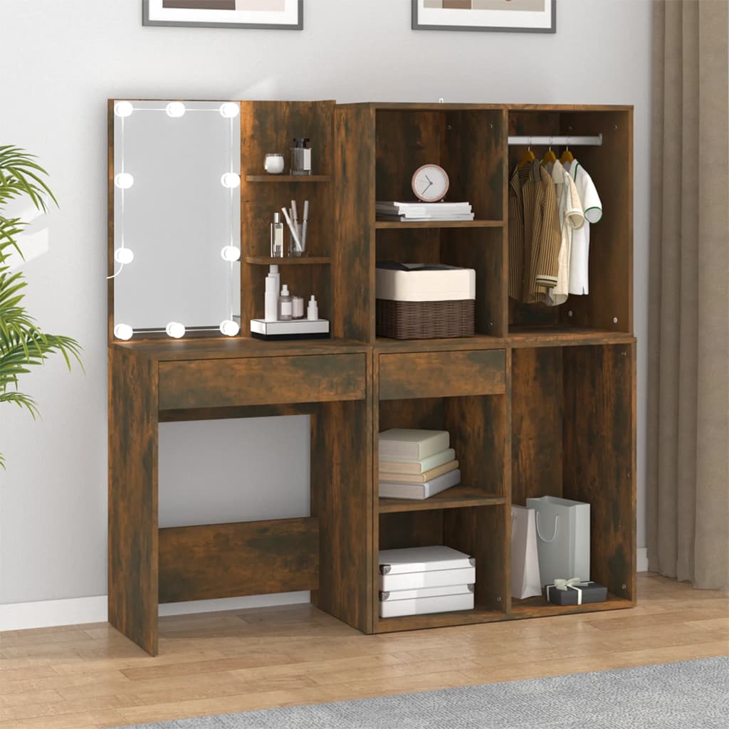 vidaXL LED Dressing Table with Cabinets Smoked Oak Engineered Wood 1