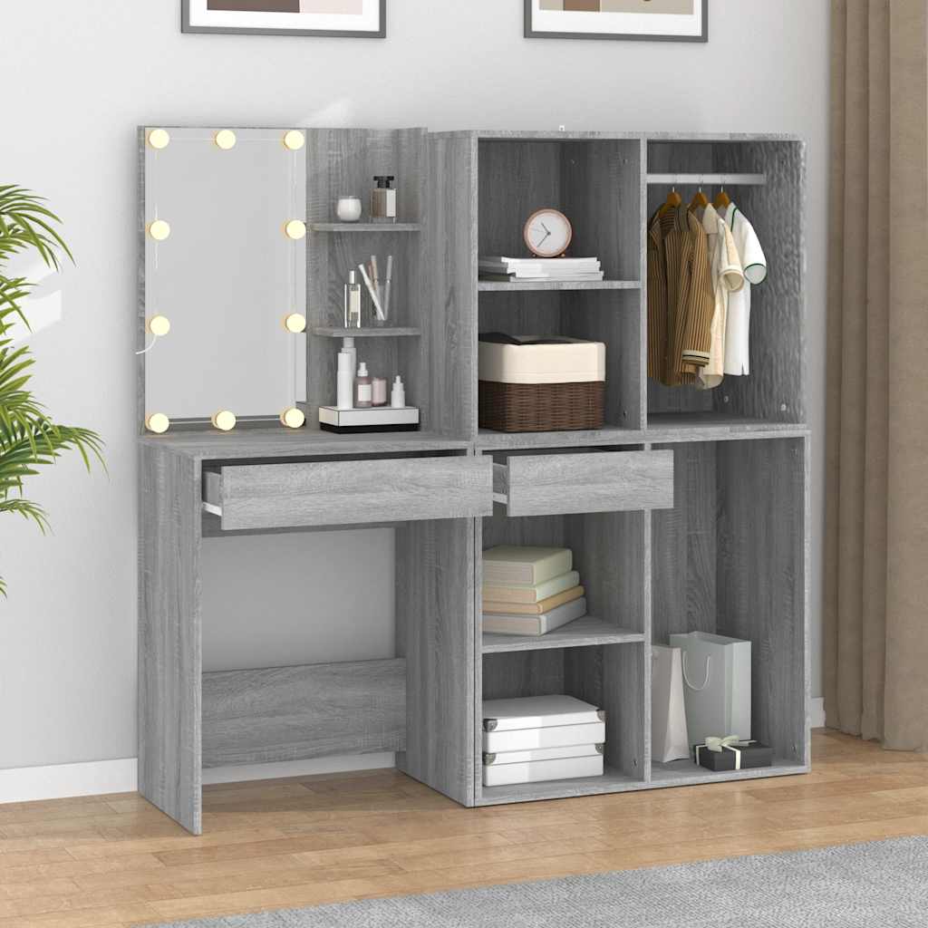 vidaXL LED Dressing Table with Cabinets Grey Sonoma Engineered Wood 3