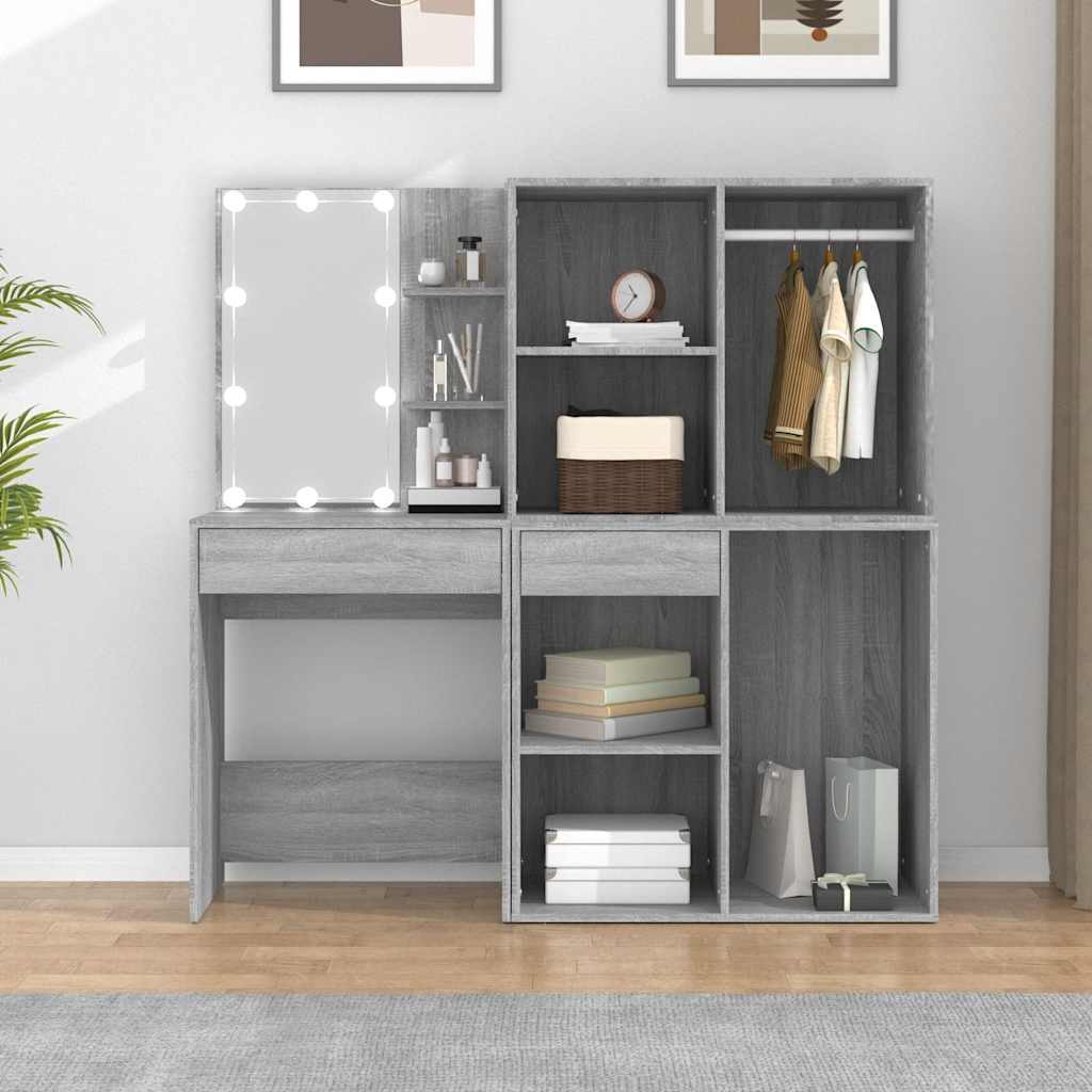 vidaXL LED Dressing Table with Cabinets Grey Sonoma Engineered Wood 4