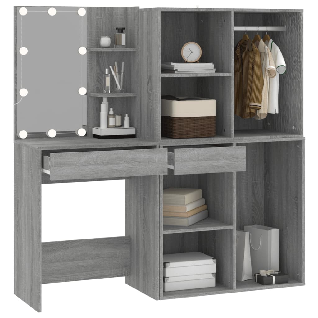 vidaXL LED Dressing Table with Cabinets Grey Sonoma Engineered Wood 5