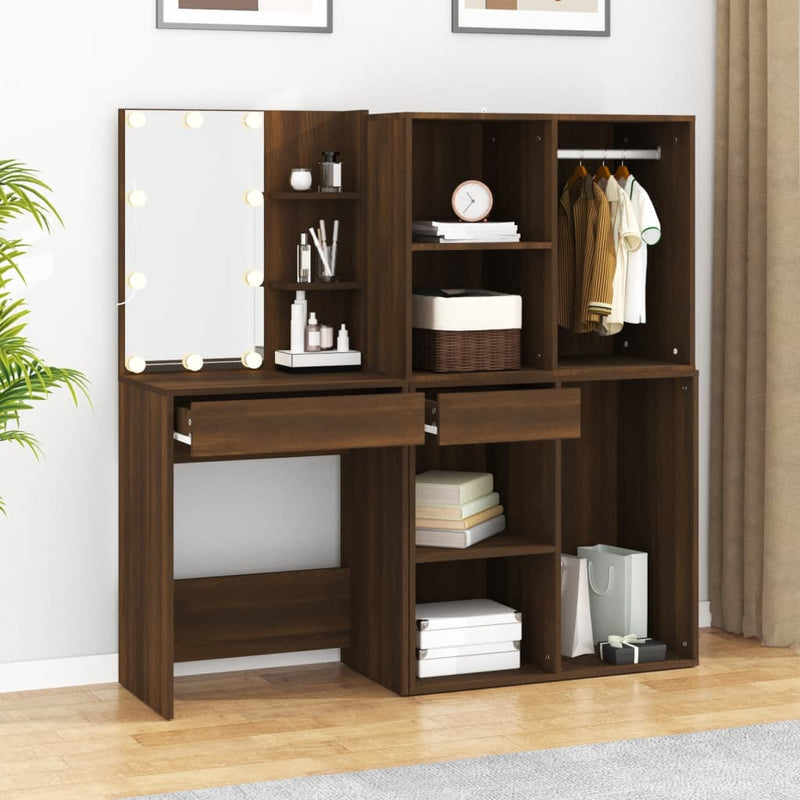 LED Dressing Table with Cabinets Brown Oak Engineered Wood