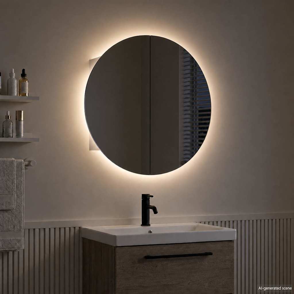 Bathroom Cabinet with Round Mirror&LED 40x40x17,5 cm White 54 cm 54 cm