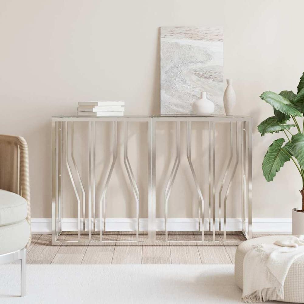 Console Table Stainless Steel and Solid Reclaimed Silver Glass